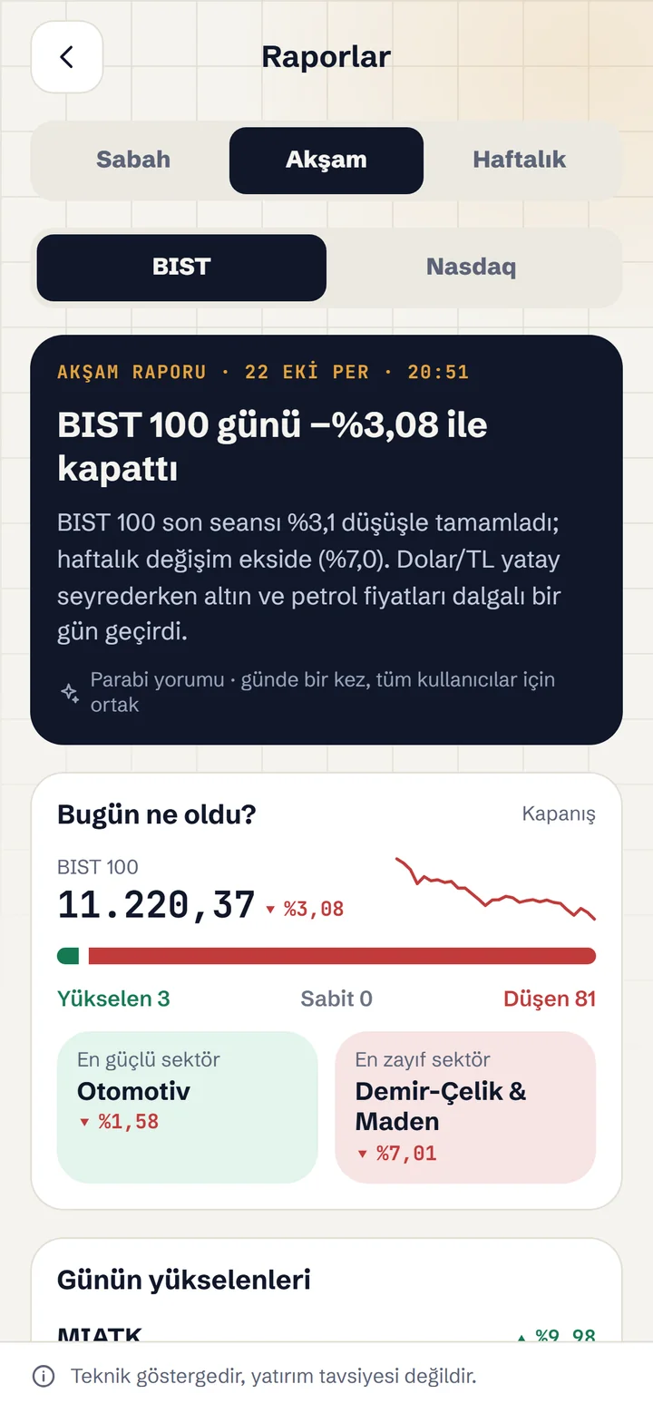 Parabi akşam raporu ekranı